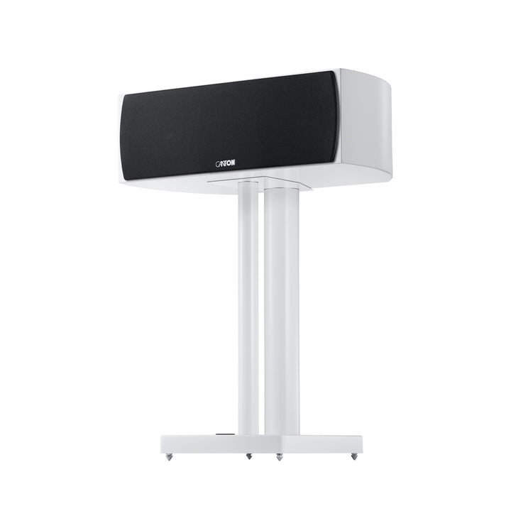 Canton Vento 50 center speaker white 3 quarter on stand with grille over white background