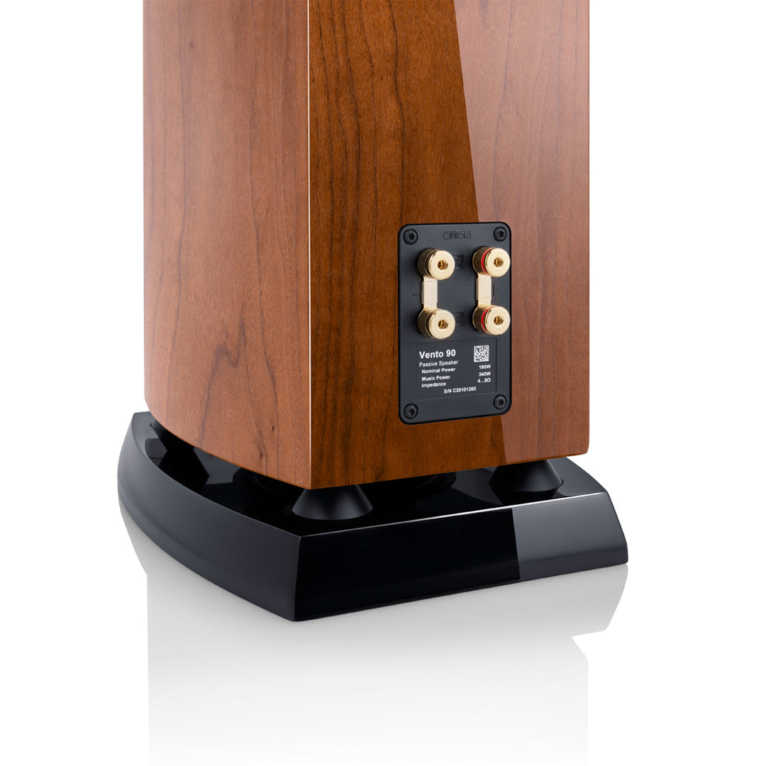 Canton Vento 90 natural walnut rear closeup of speaker terminals over white background