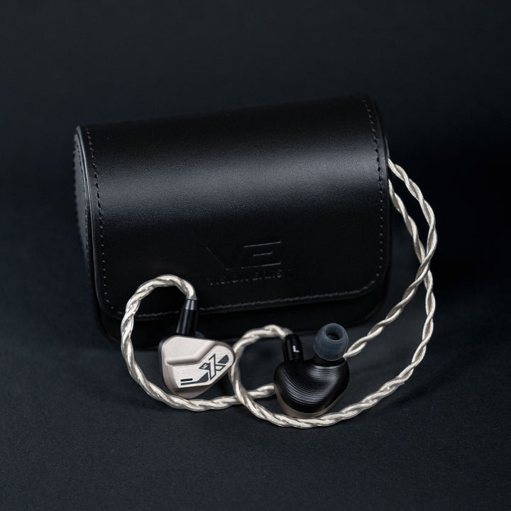 Vision Ears VE10 earphones with attached stock cable protruding from leather case