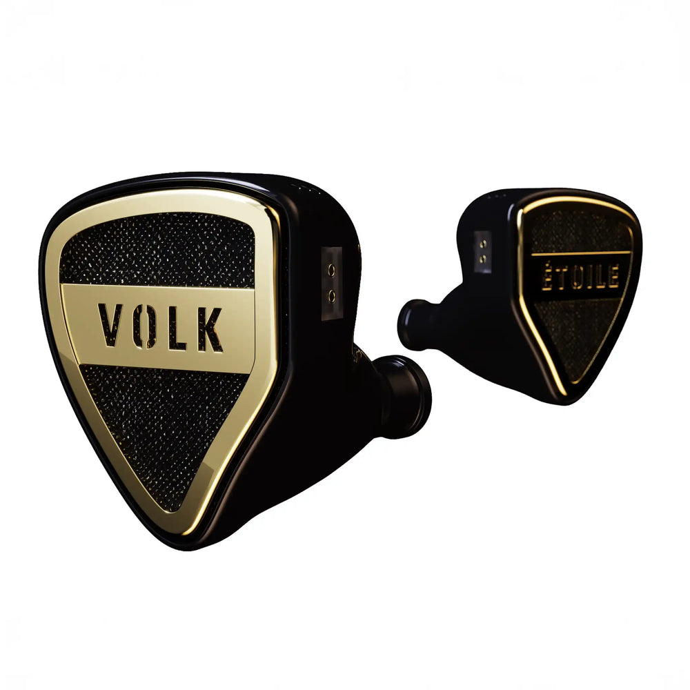 Volk Audio Etoile IEMs front right 3 quarter angle and front left 3 quarter angle whitebox