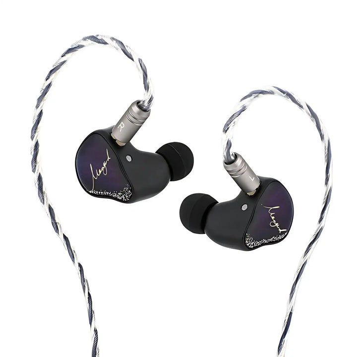 XENNS Mangird Tea Pro IEMs floating diagonally with cable attached and eartips whitebox
