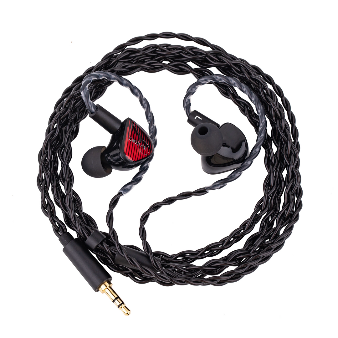 Black in-ear wired headphones with a red accent on one earpiece, coiled black cable, and a gold-plated 3.5mm jack, shown on a white background.