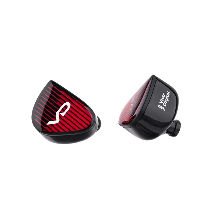 ZiiGaat Rumba in-ear monitors with red striped detailing and a white logo, shown from different angles on a solid white background.