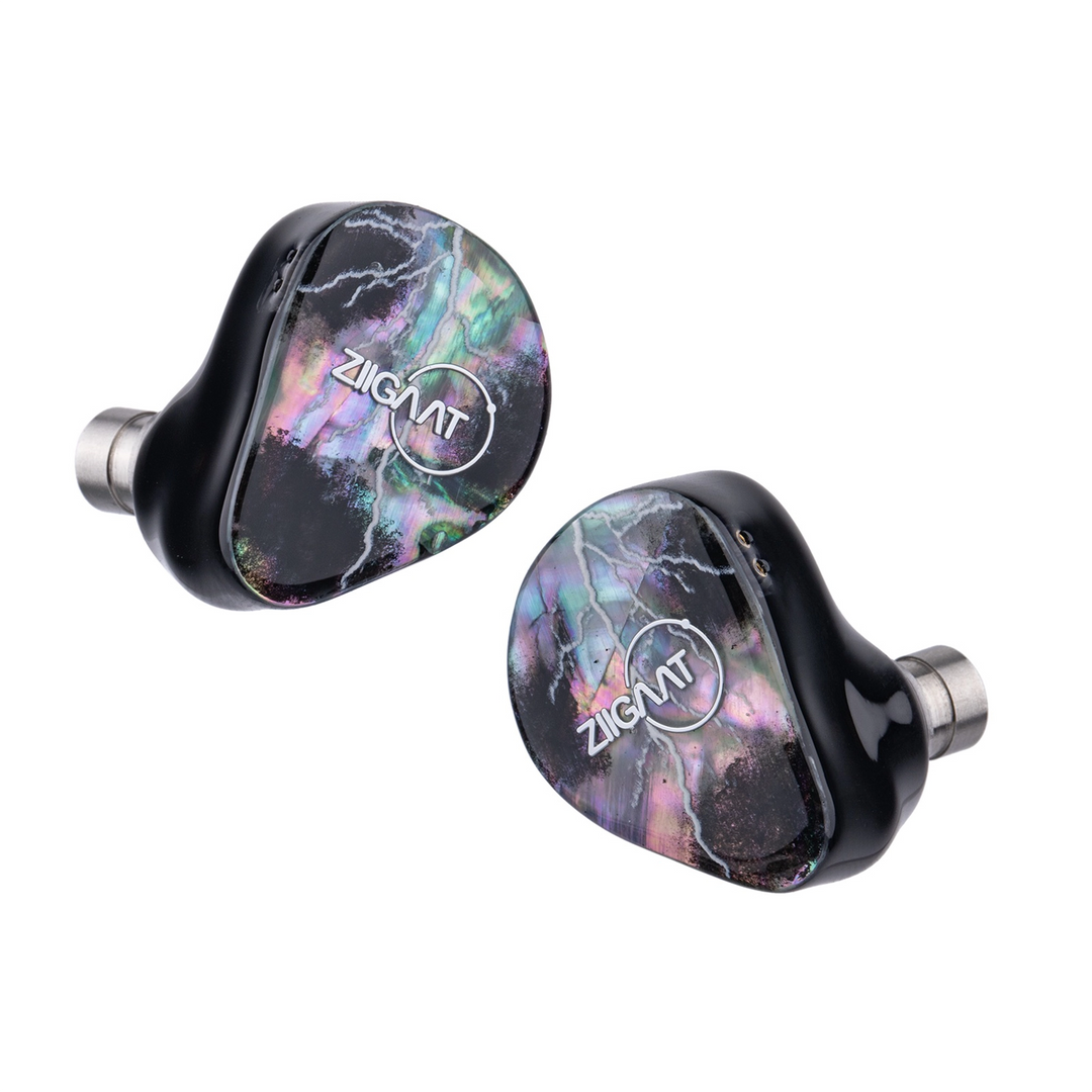 Two ZiGaat Thunder in-ear monitors with a black and multicolor iridescent mother-of-pearl patterned faceplate, shown on a solid white background.