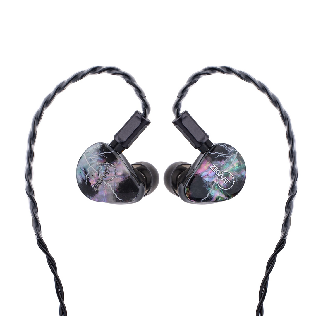 A pair of in-ear monitors with black and iridescent mother-of-pearl earpieces and black braided cables, shown on a solid white background.