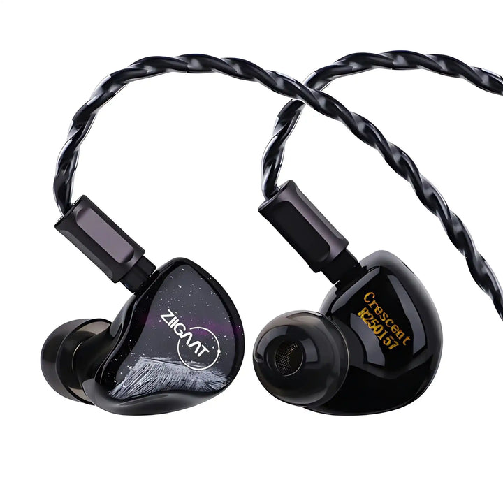 ZiiGaat Crescent IEMs front and rear view attached to interchangeable cable whitebox