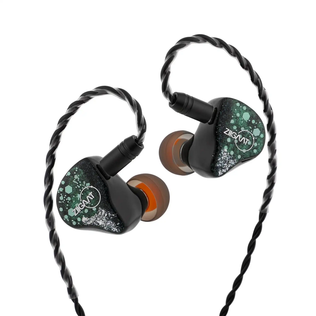 ZiiGaat Arcanis IEMs floating diagonally with eartips and cable attached whitebox