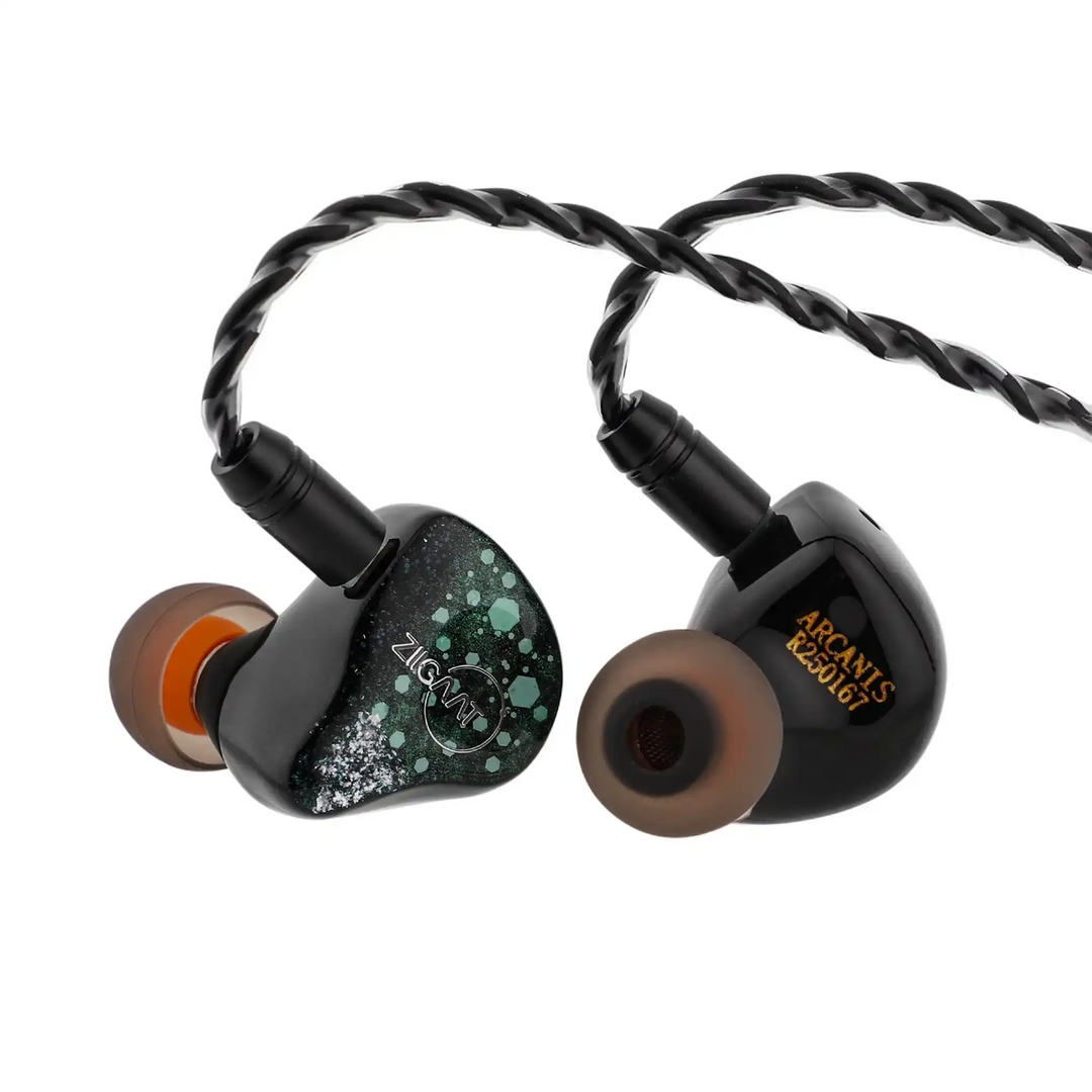 ZiiGaat Arcanis IEMs sitting front and rear view with eartips and cable attached whitebox