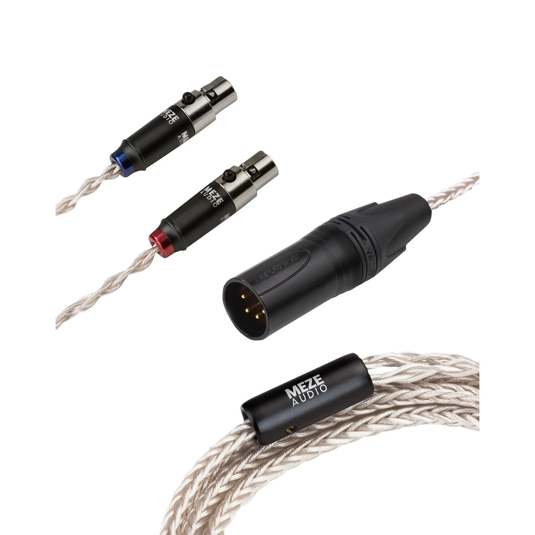Meze Audio Mini-XLR to 4-pin XLR silver upgrade cable over white background