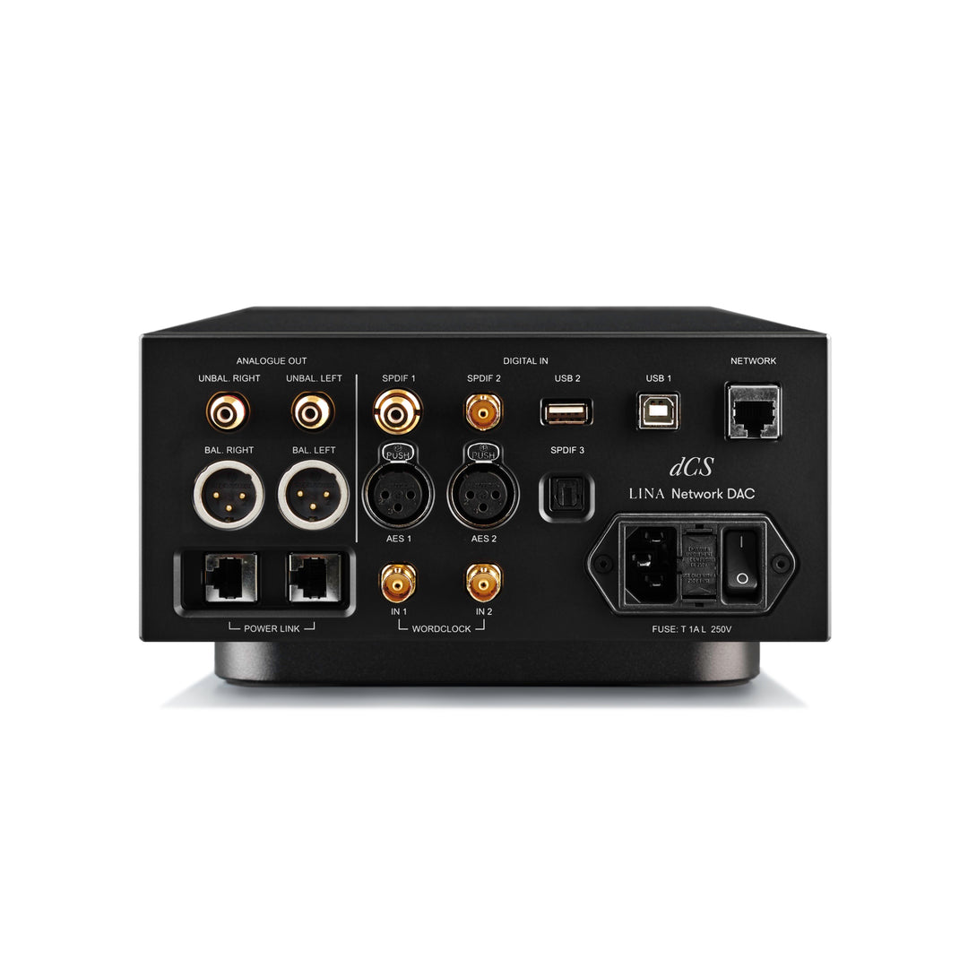 dCS Lina network DAC rear highlighting all connections over white background