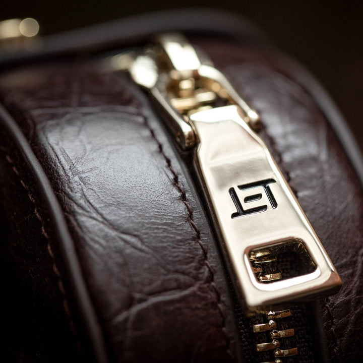 Eletech Mahogany Companion Case highlighting gold zipper