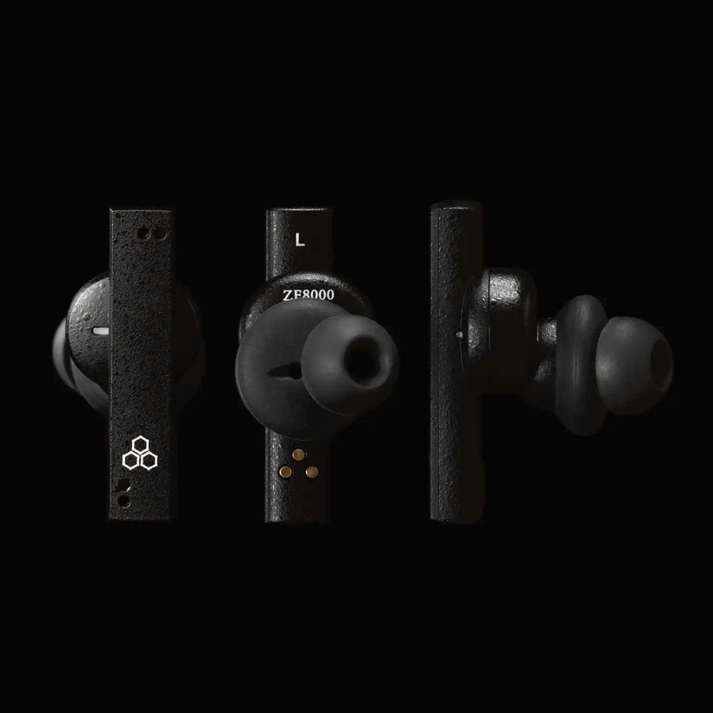 Final Audio ZE8000 black earphones (x3) front, rear, and side over black background