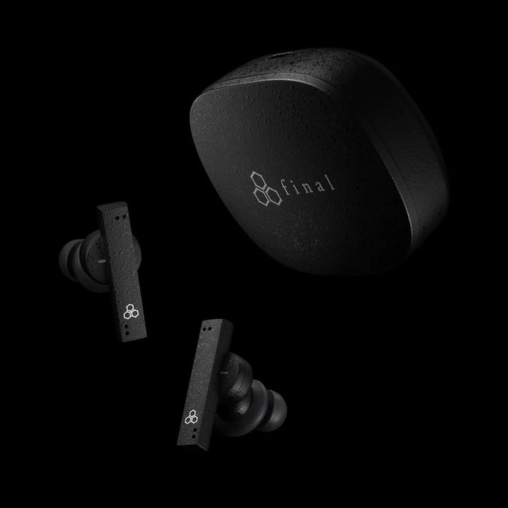 Final Audio ZE8000 black earphones  with case over black background