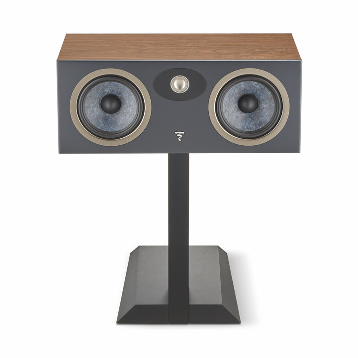 Focal Theva center speaker dark wood front no grill with stand over white background