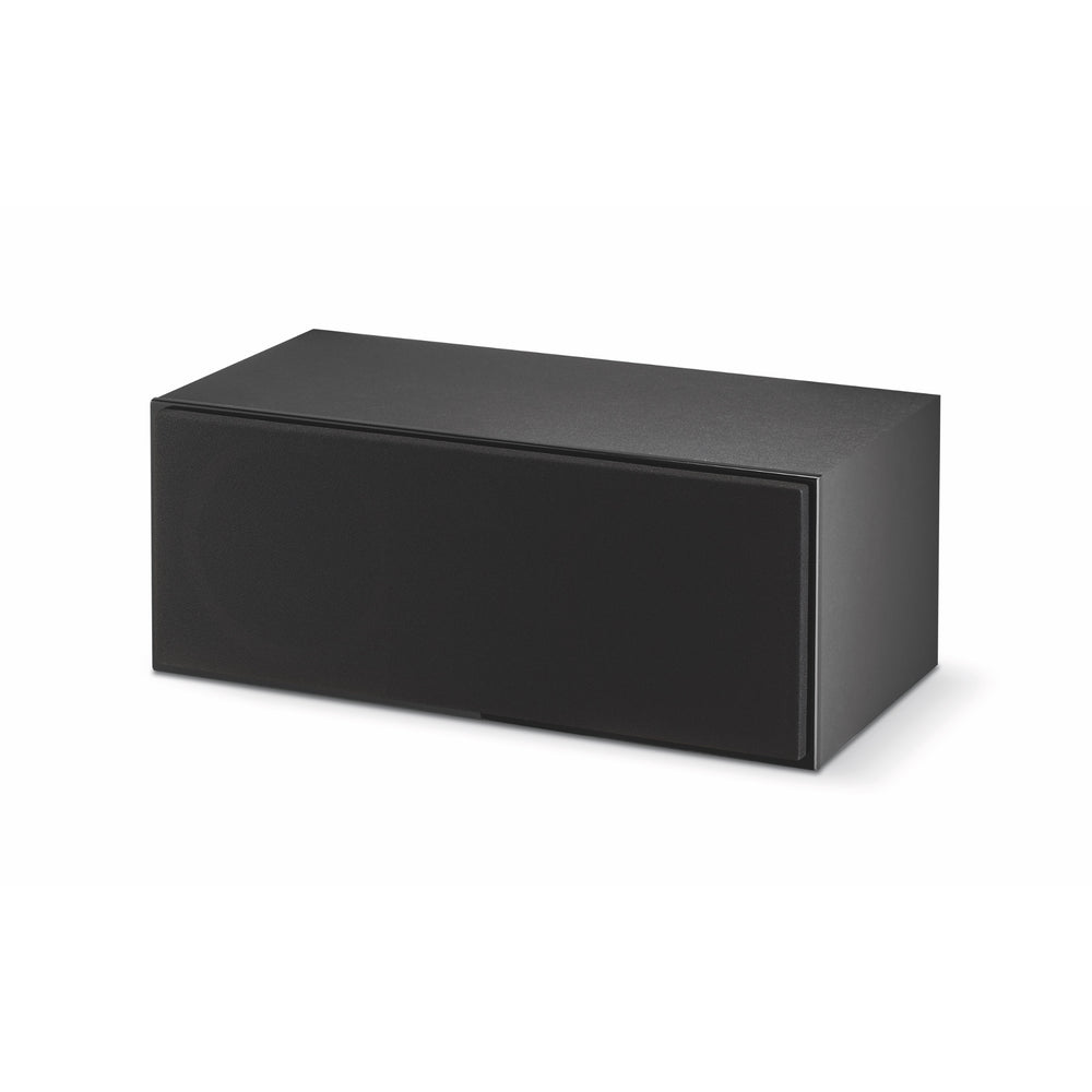 Focal Theva center speaker black 3 quarter with grill over white background