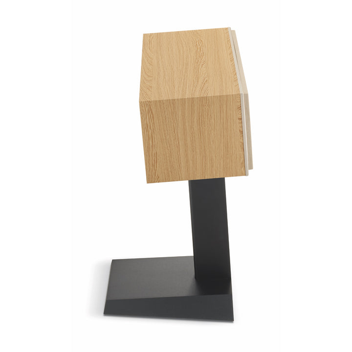 Focal Theva center speaker light wood profile with grill and stand over white background