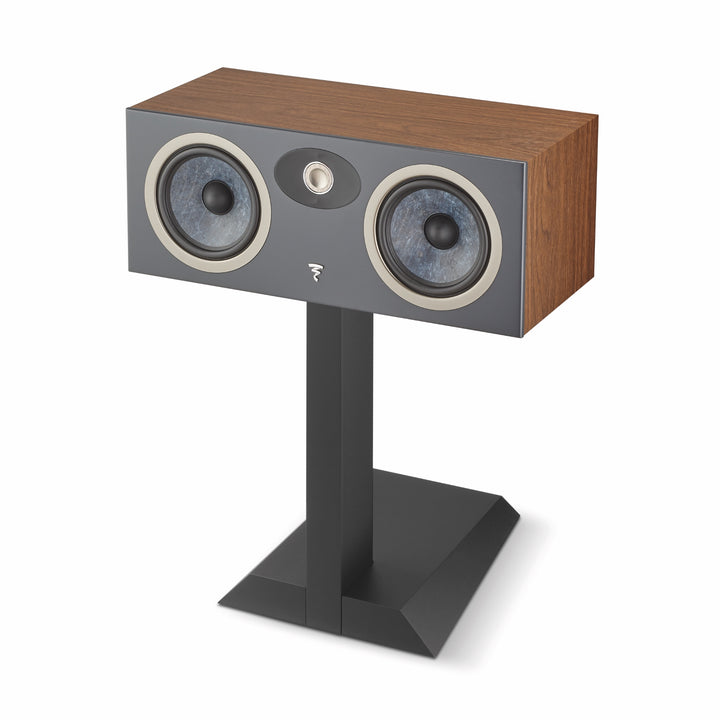 Focal Theva center stand with attached dark wood speaker 3 quarter over white background