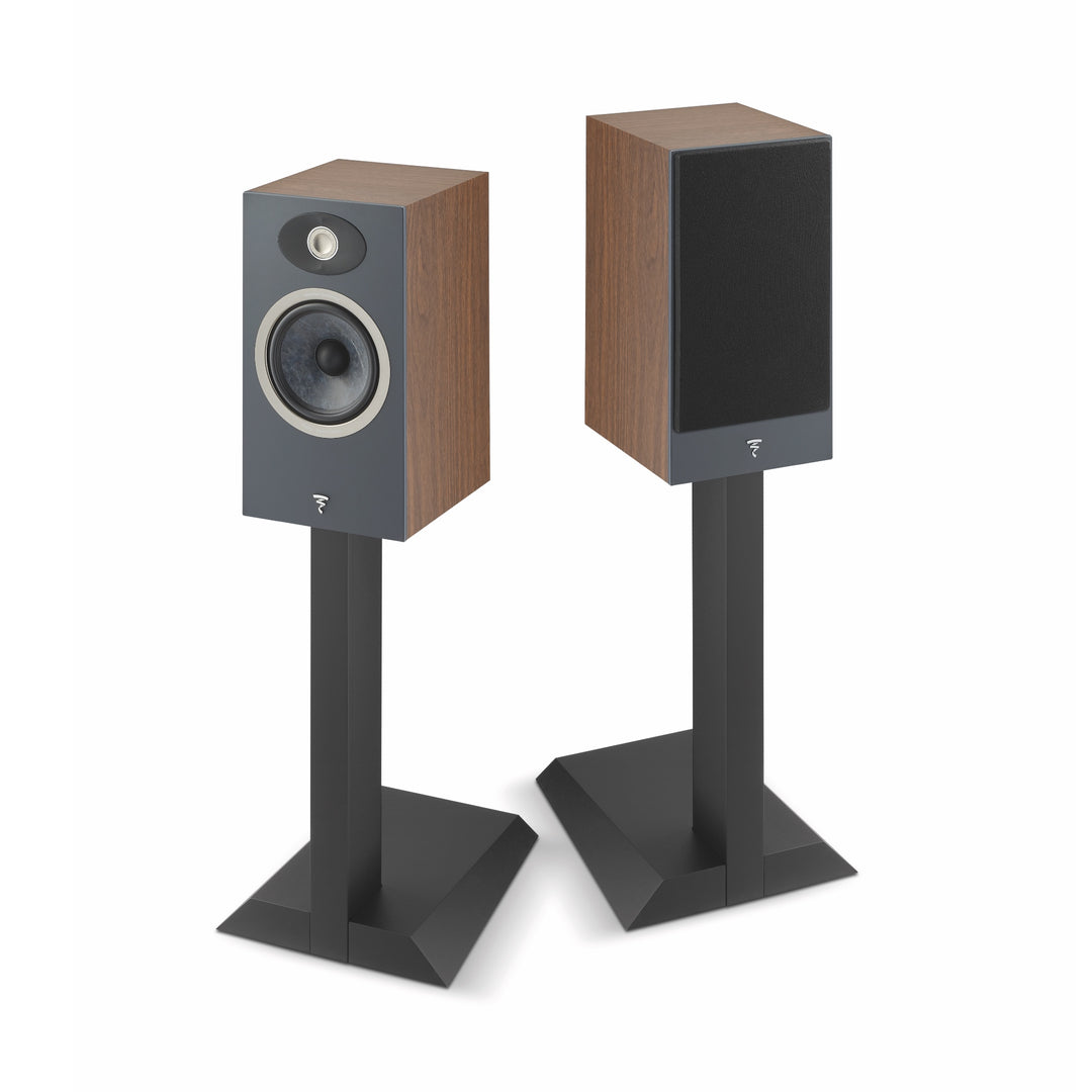 Focal Theva No1 (x2) dk wood 3 quarter on stands over white background
