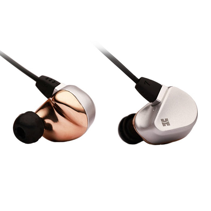 HiFiMAN Svanar earphones front and back with attached cables over white background