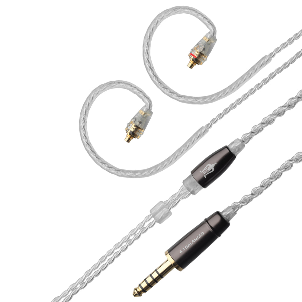 Meze Audio MMCX silver upgrade cable with 4.4mm termination over white background