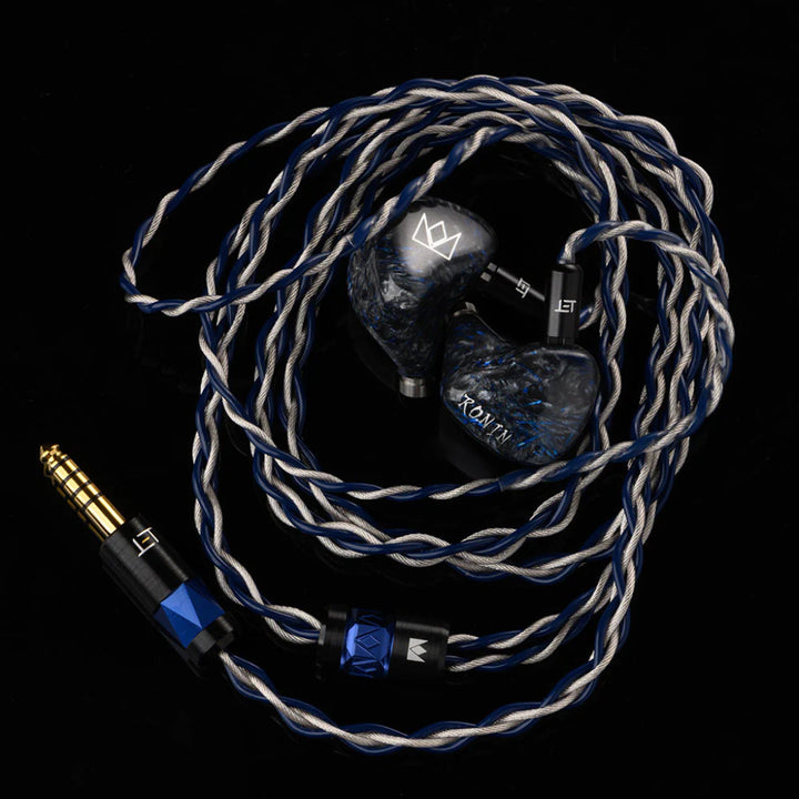 Noble Audio Ronin with custom Eletech cable over black background