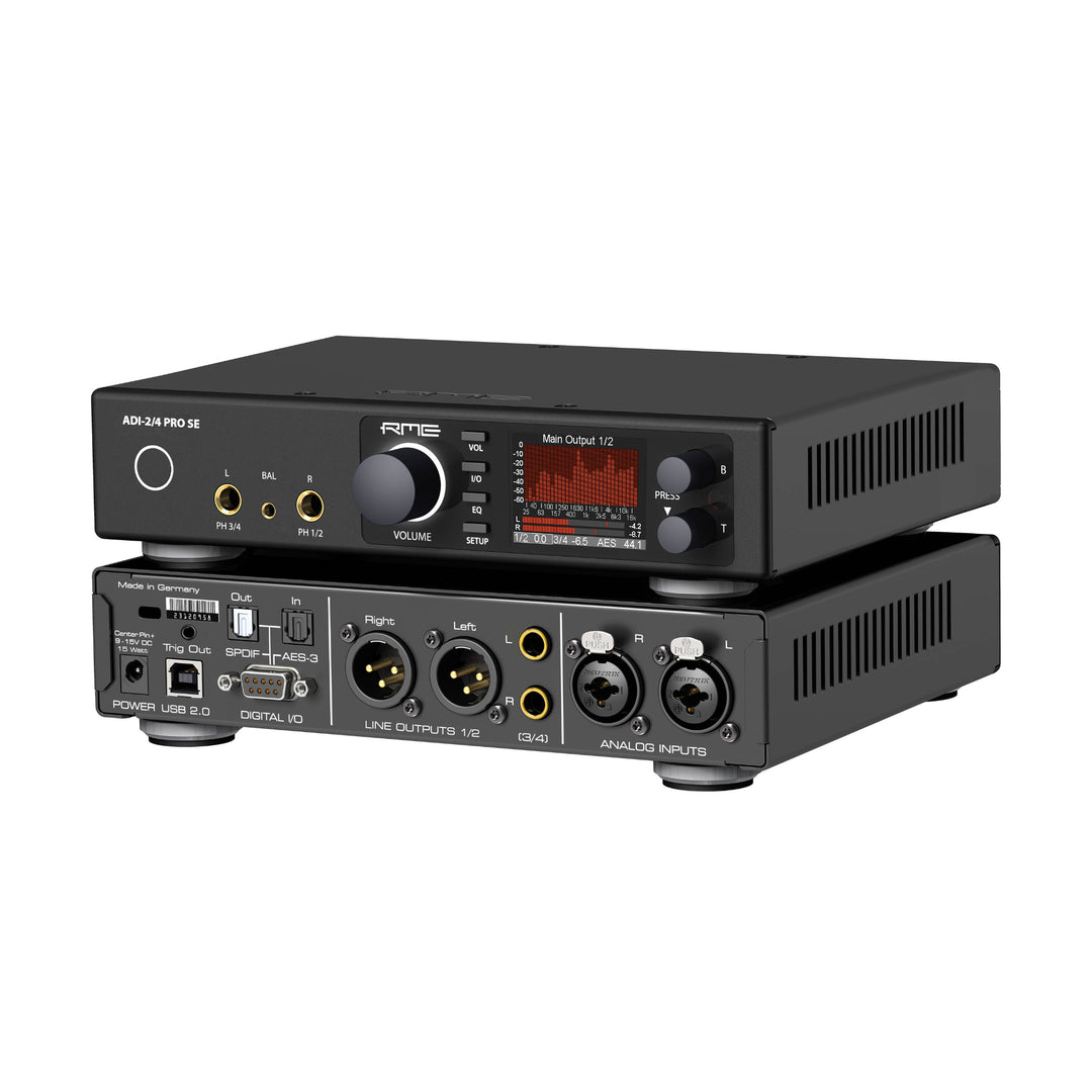 RME ADI-2/4 Pro SE DAC and amp front quarter over white background