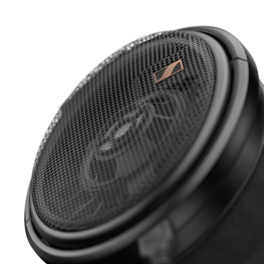 Sennheiser HD 660S2 drivers behind grill over white background