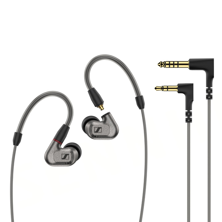 Sennheiser IE 600 earphones with 3.5mm and 4.4mm cables over white background